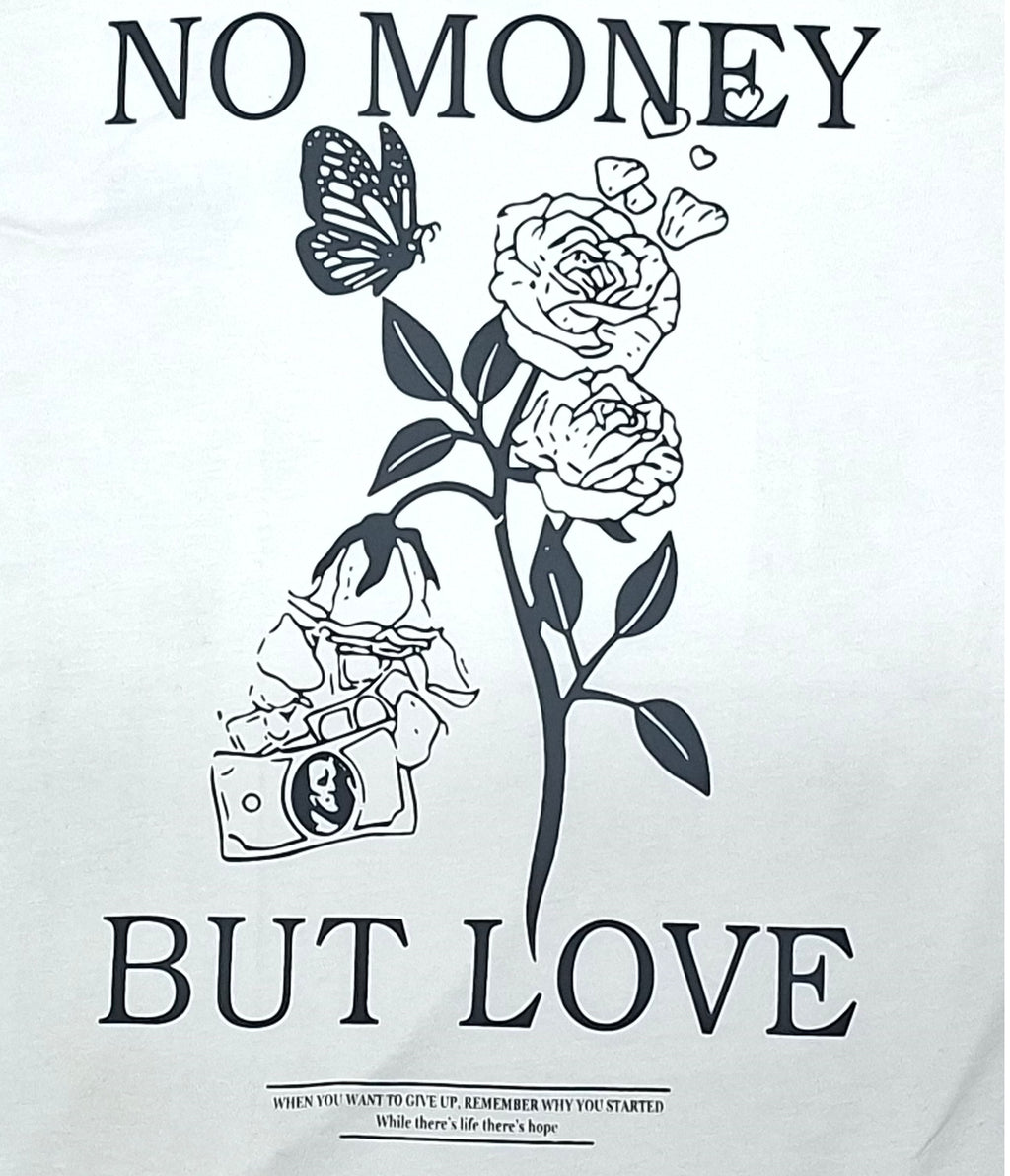 Men's white oversized T-shirt featuring a "No Money But Love" floral and butterfly graphic print on the back.