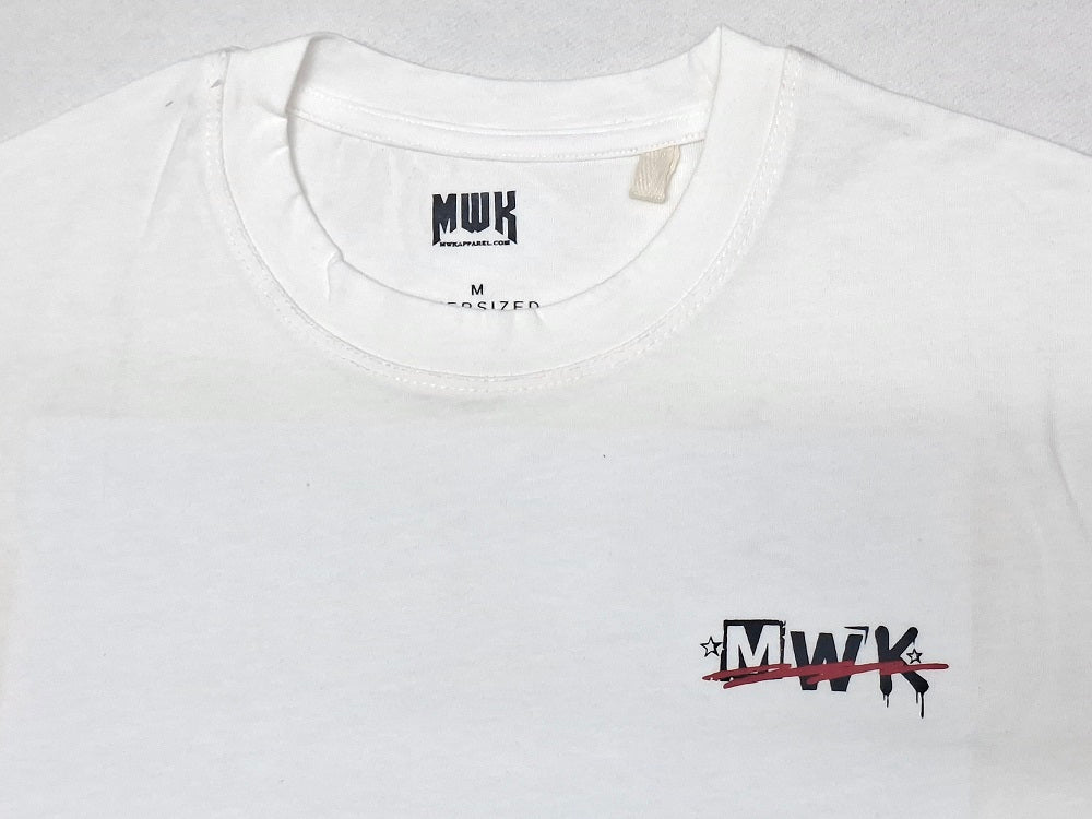 Men's White oversized T-shirt featuring a bold "Making Wrong Kool" graffiti-inspired graphic print on the back with spray paint details.