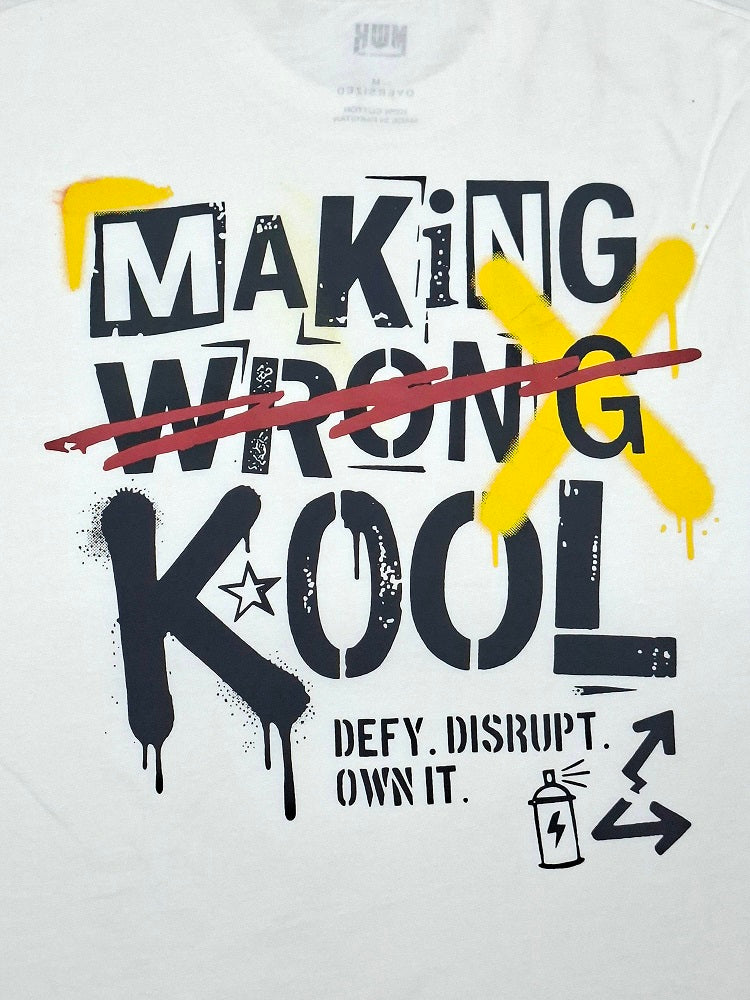 Men's White oversized T-shirt featuring a bold "Making Wrong Kool" graffiti-inspired graphic print on the back with spray paint details.
