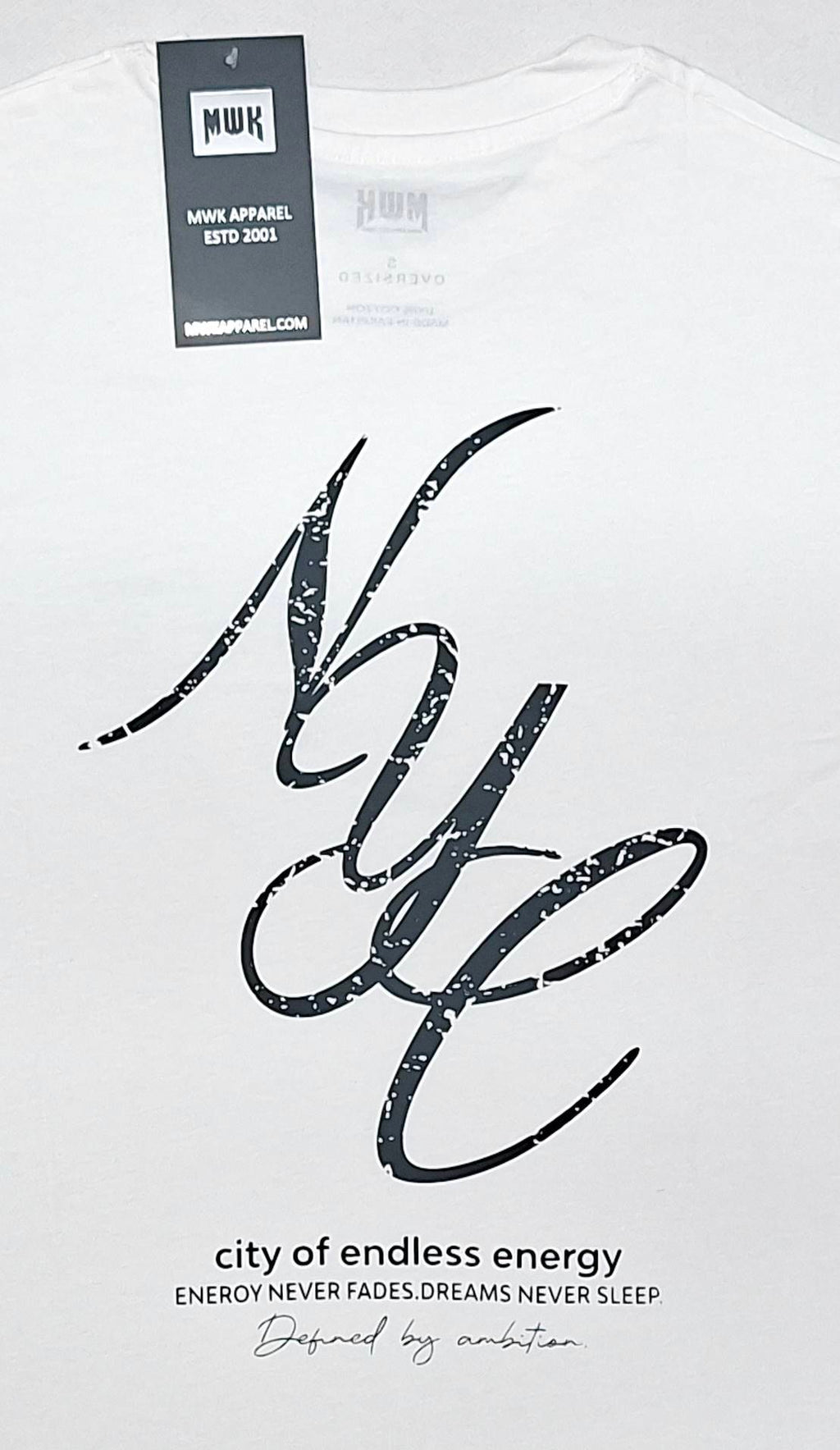 Men's white oversized T-shirt featuring a large NYC script graphic with "City of Endless Energy" text printed on the back.