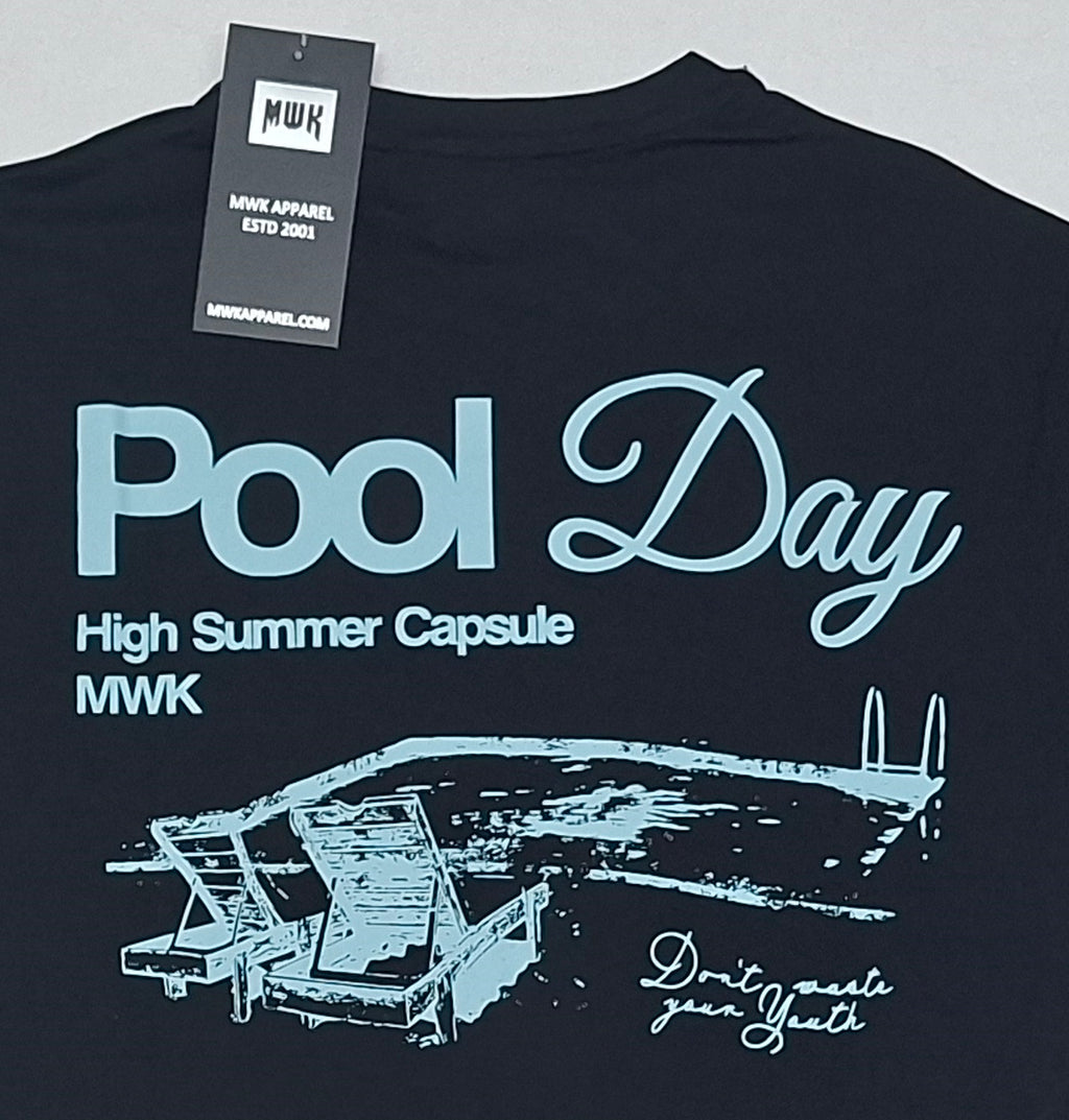 Men's black oversized T-shirt with a retro "Pool Day" graphic and poolside illustration printed on the back. uk
