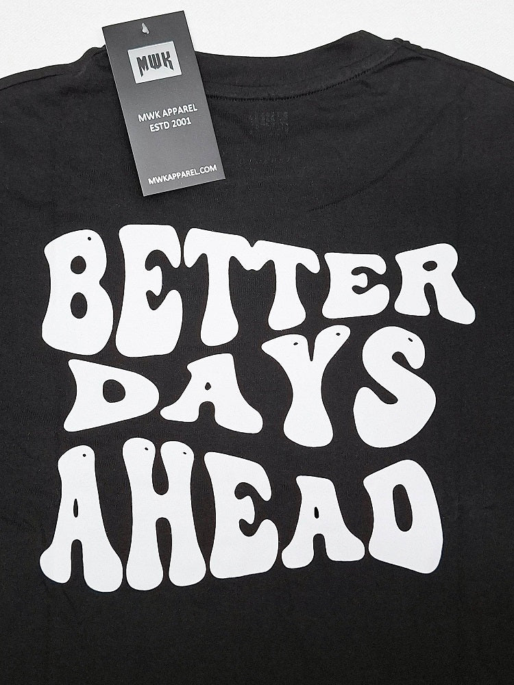 Men's black oversized drop shoulder T-shirt featuring Better Days Ahead graphic print, premium heavyweight cotton UK streetwear tee.