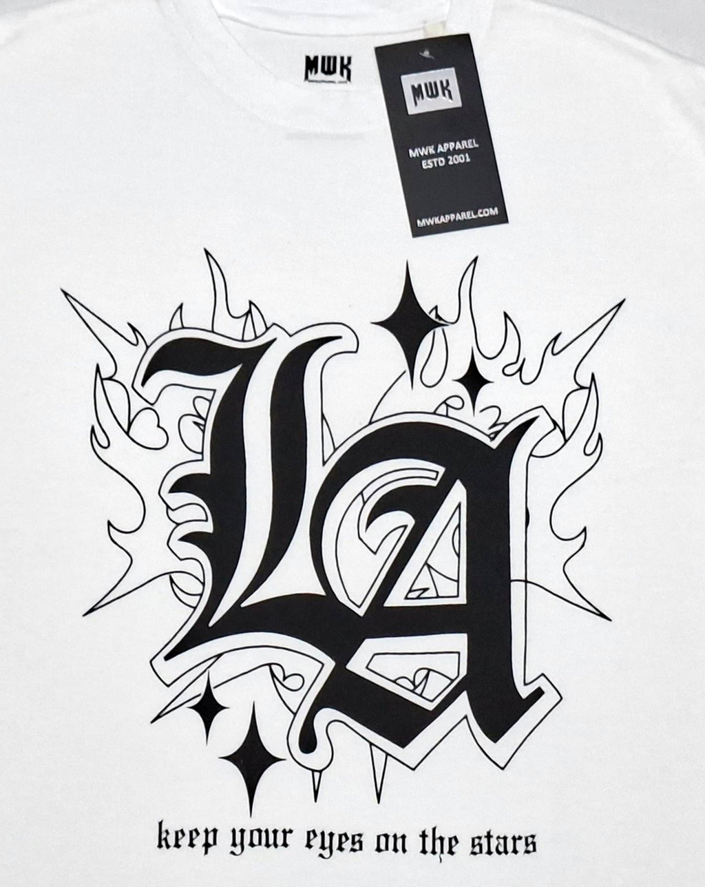 White oversized drop shoulder T-shirt for men featuring bold LA gothic graphic print, UK streetwear fashion style.
