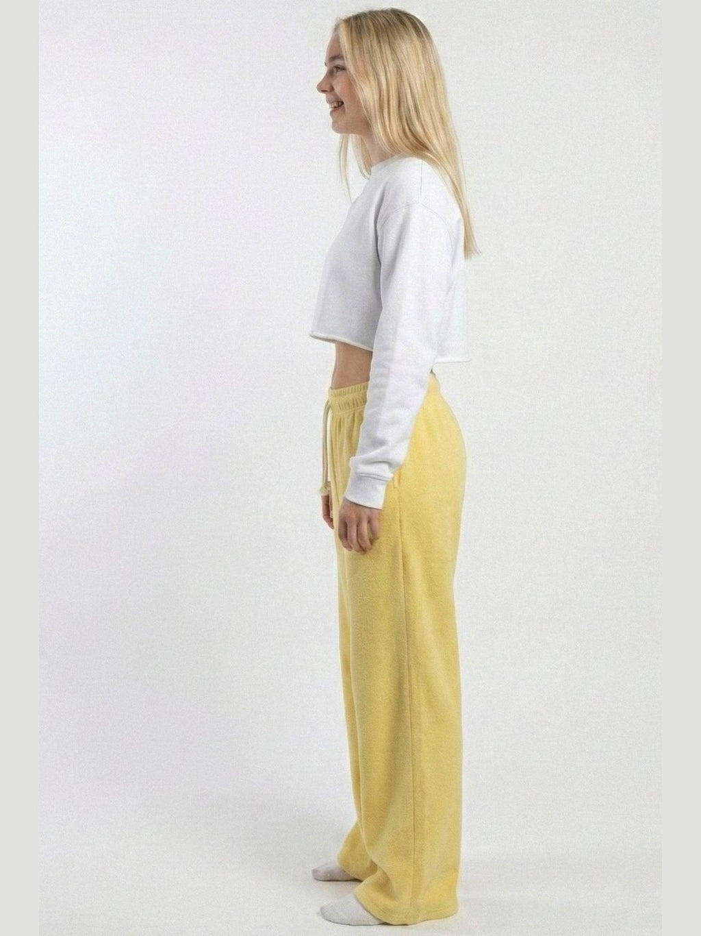yellow Gold ladies wide eg fleece trouser chic trendy in fashion in demand