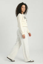 White ladies wide eg fleece trouser chic trendy in fashion in demand