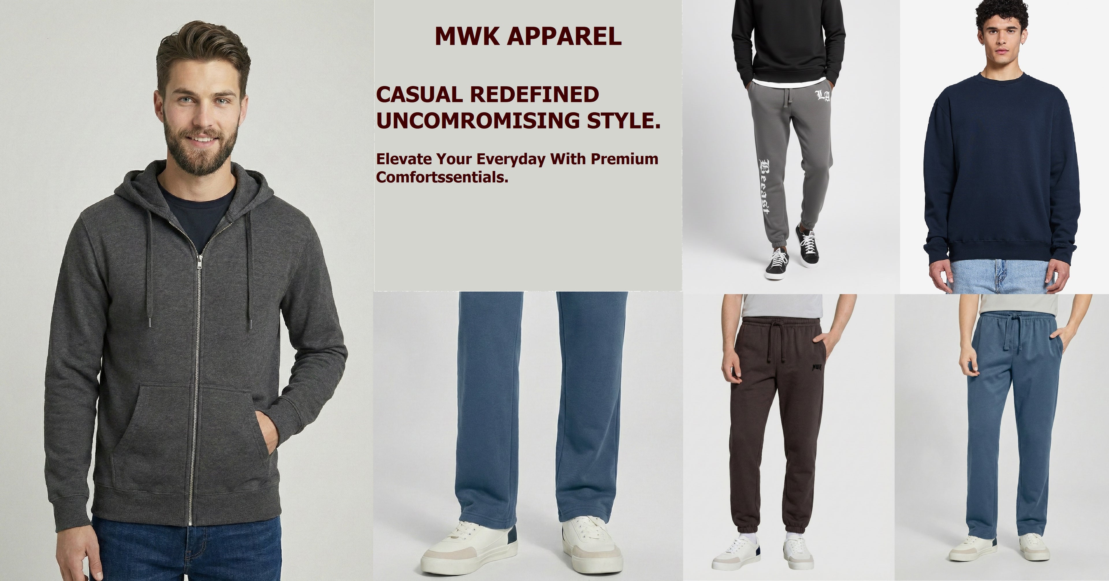 Collage of men wearing MWK Apparel with text highlighting brand values.
