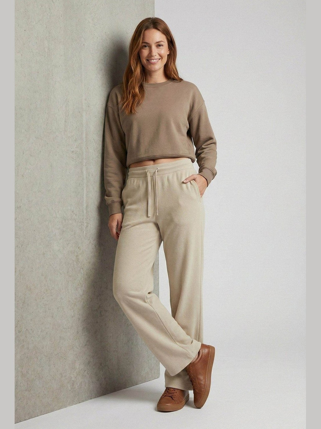 Biege ladies wide eg fleece trouser chic trendy in fashion in demand