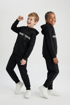 uk kids matching fleece hoodie set black hood black trouser