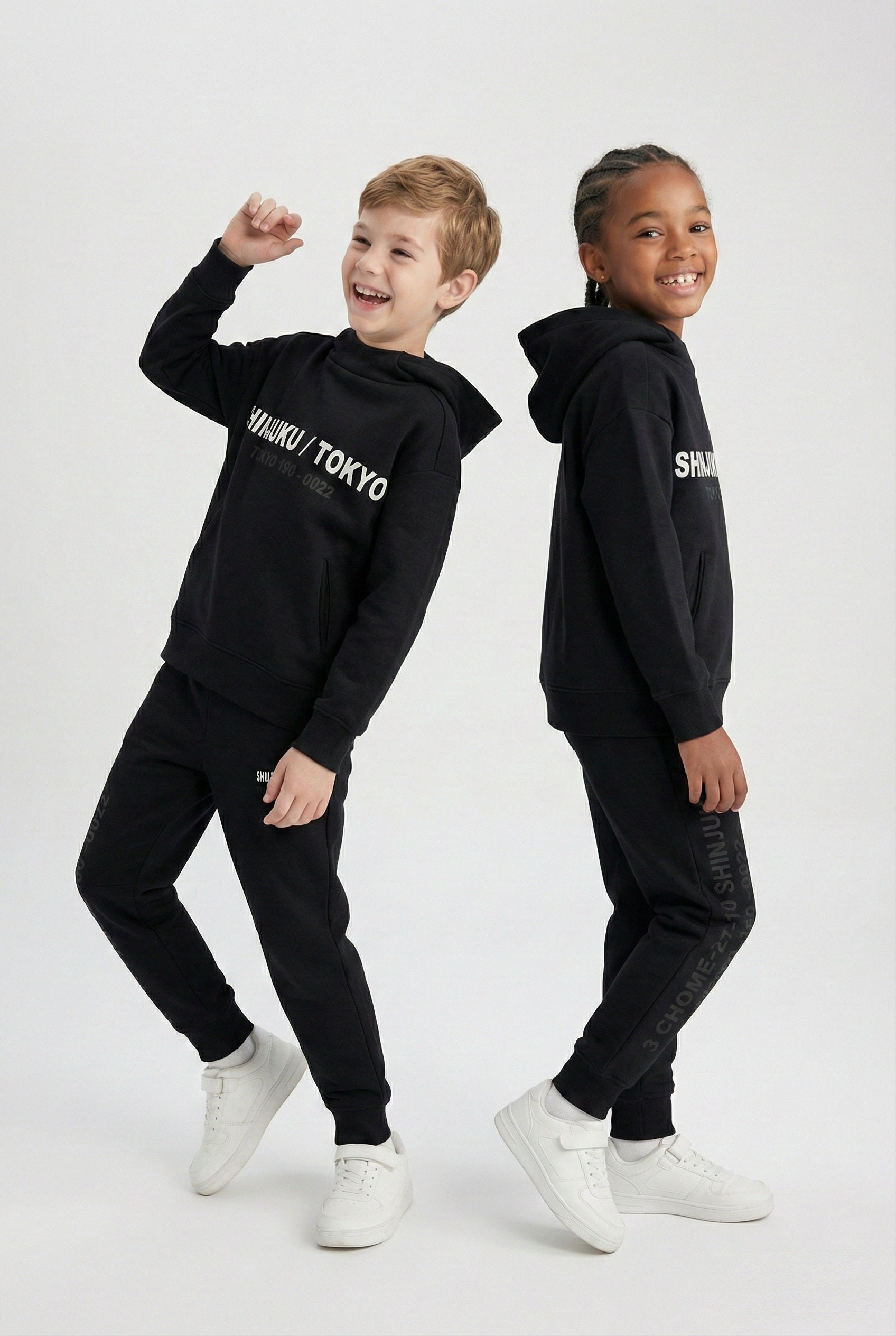 uk kids matching fleece hoodie set black hood black trouser