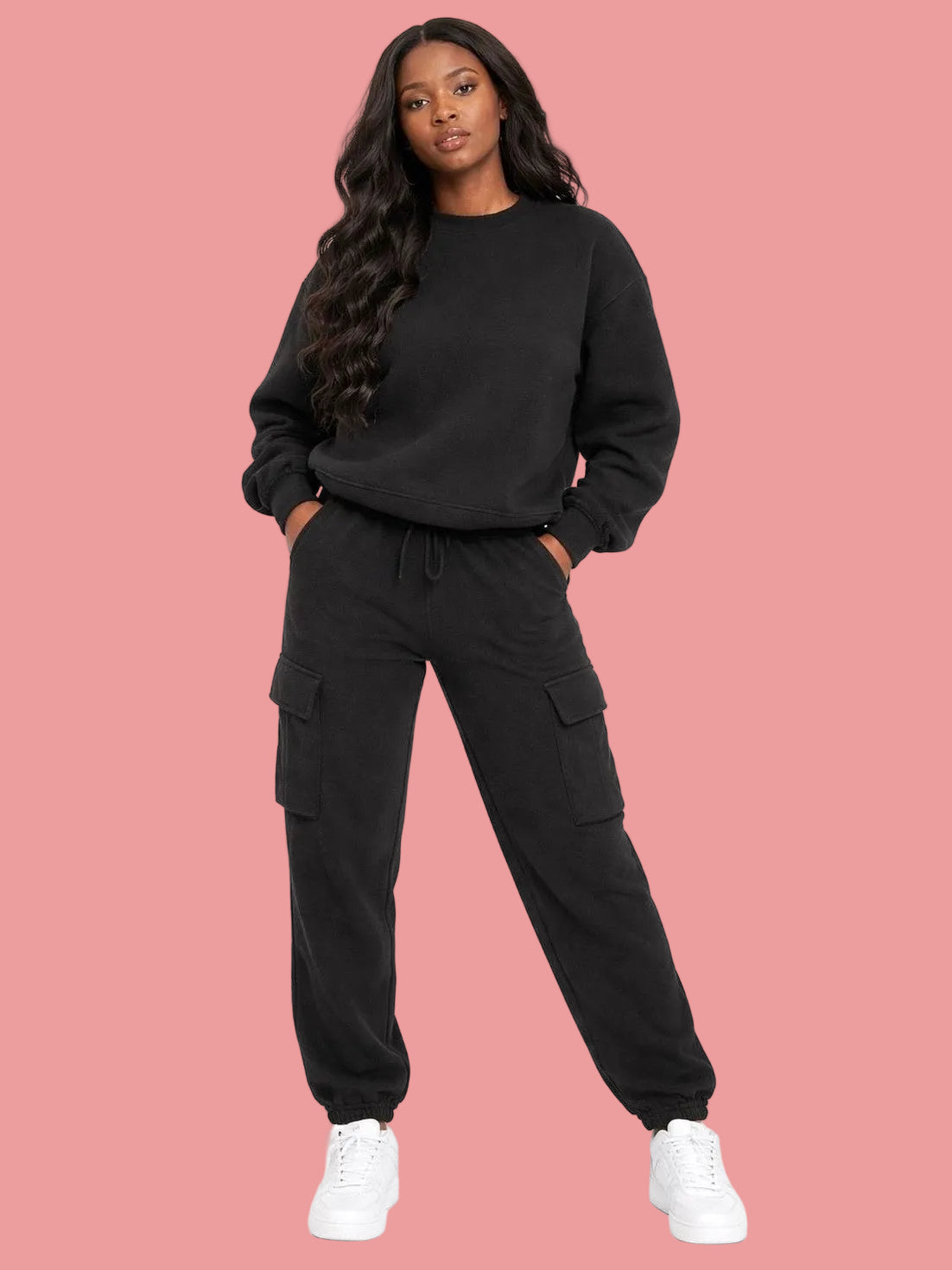 woman cargo track pant joggers matching black sweatshirt