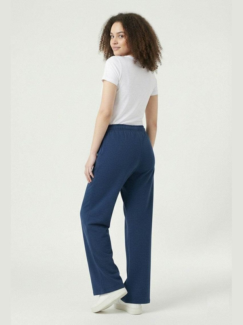 Blue ladies wide leg fleece trouser chic trendy in fashion in demand