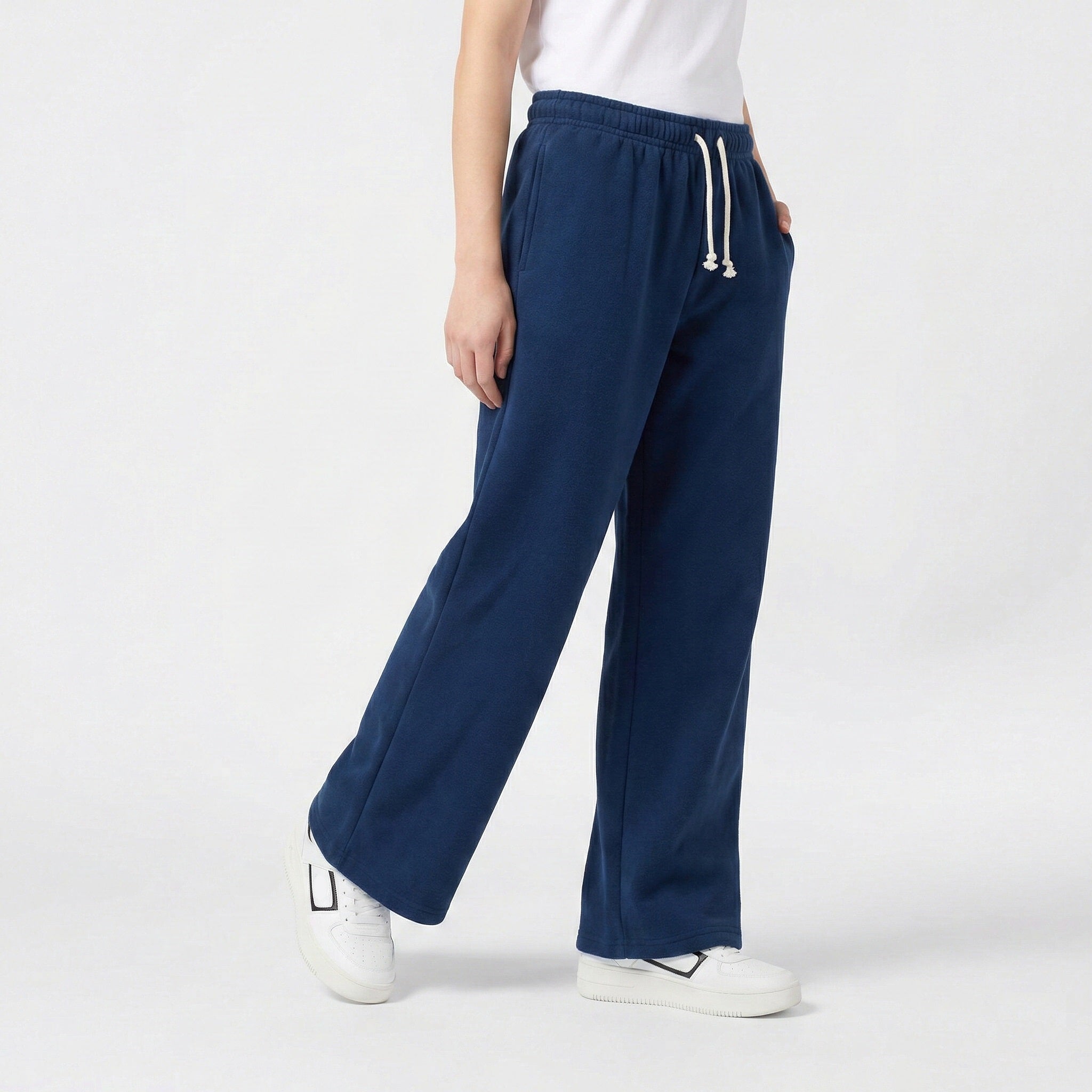 Blue ladies wide leg fleece trouser chic trendy in fashion in demand