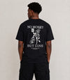 Men's Black oversized T-shirt featuring a "No Money But Love" floral and butterfly graphic print on the back.