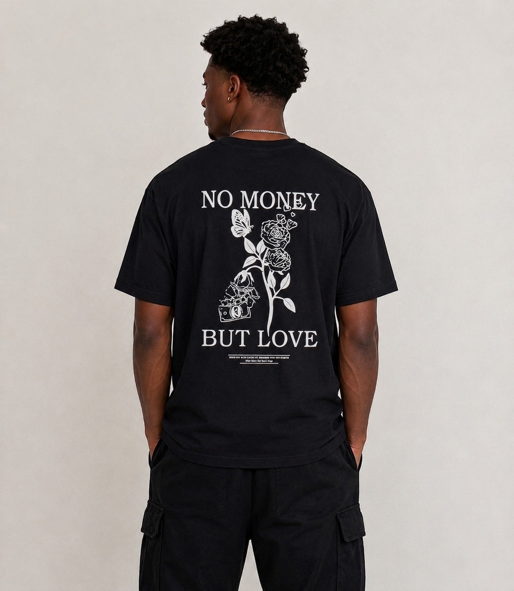 Men's Black oversized T-shirt featuring a "No Money But Love" floral and butterfly graphic print on the back.