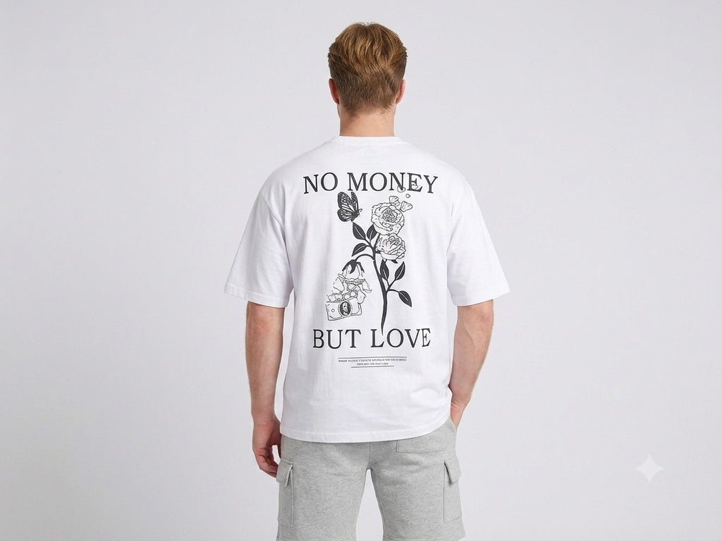 Men's white oversized T-shirt featuring a "No Money But Love" floral and butterfly graphic print on the back.