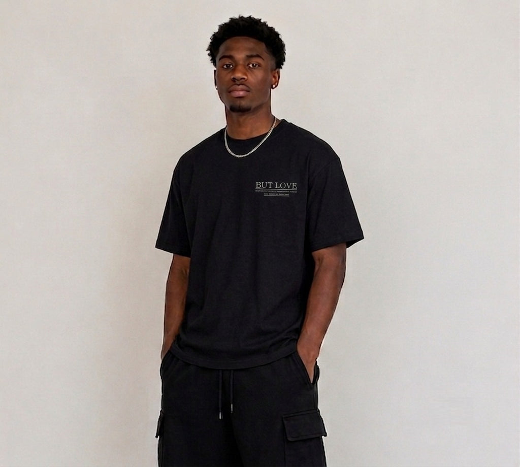 Men's Black oversized T-shirt featuring a "No Money But Love" floral and butterfly graphic print on the back.