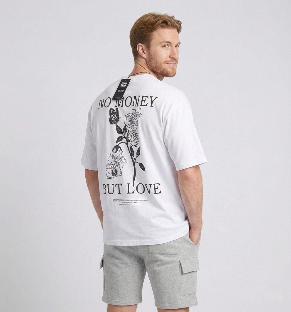 Men's white oversized T-shirt featuring a "No Money But Love" floral and butterfly graphic print on the back.