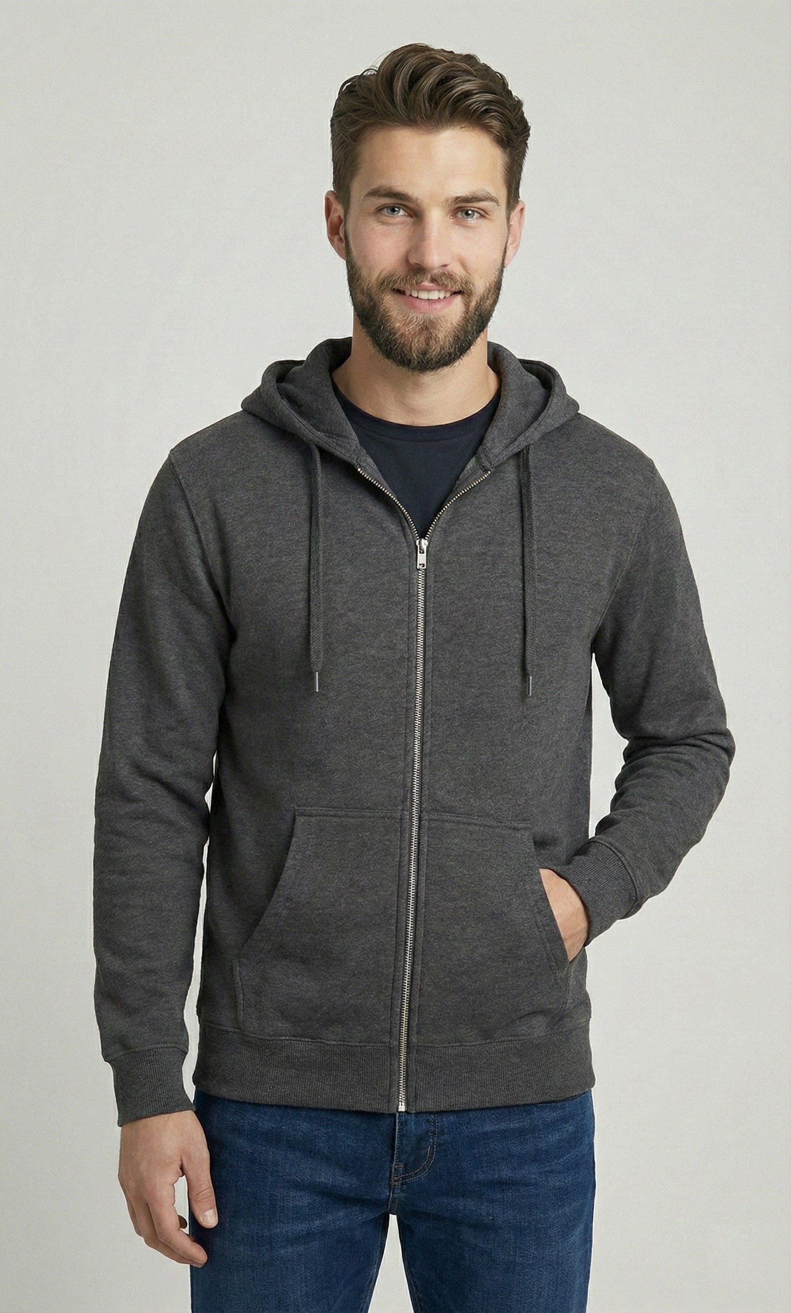 Dark Grey Mens Zipper Hooded Sweatshirt