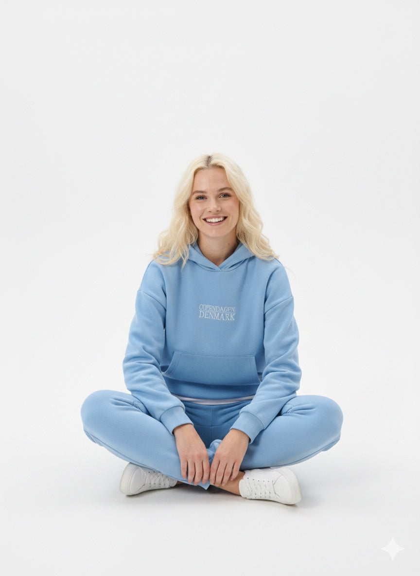 woman ladies blue coord co-ord co cord set embroidery sweatset trakck suit hood set premium fleece