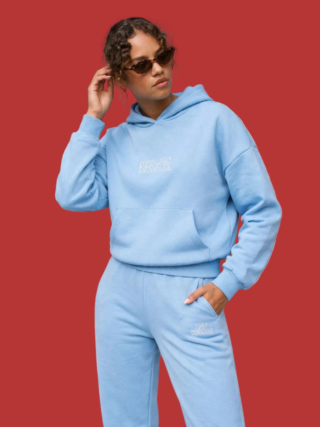 woman ladies blue coord co-ord co cord set embroidery sweatset trakck suit hood set premium fleece