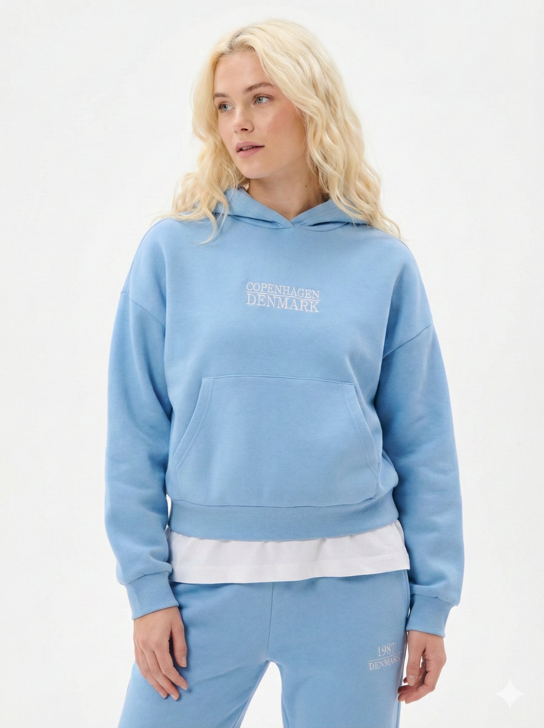 woman ladies blue coord co-ord co cord set embroidery sweatset trakck suit hood set premium fleece