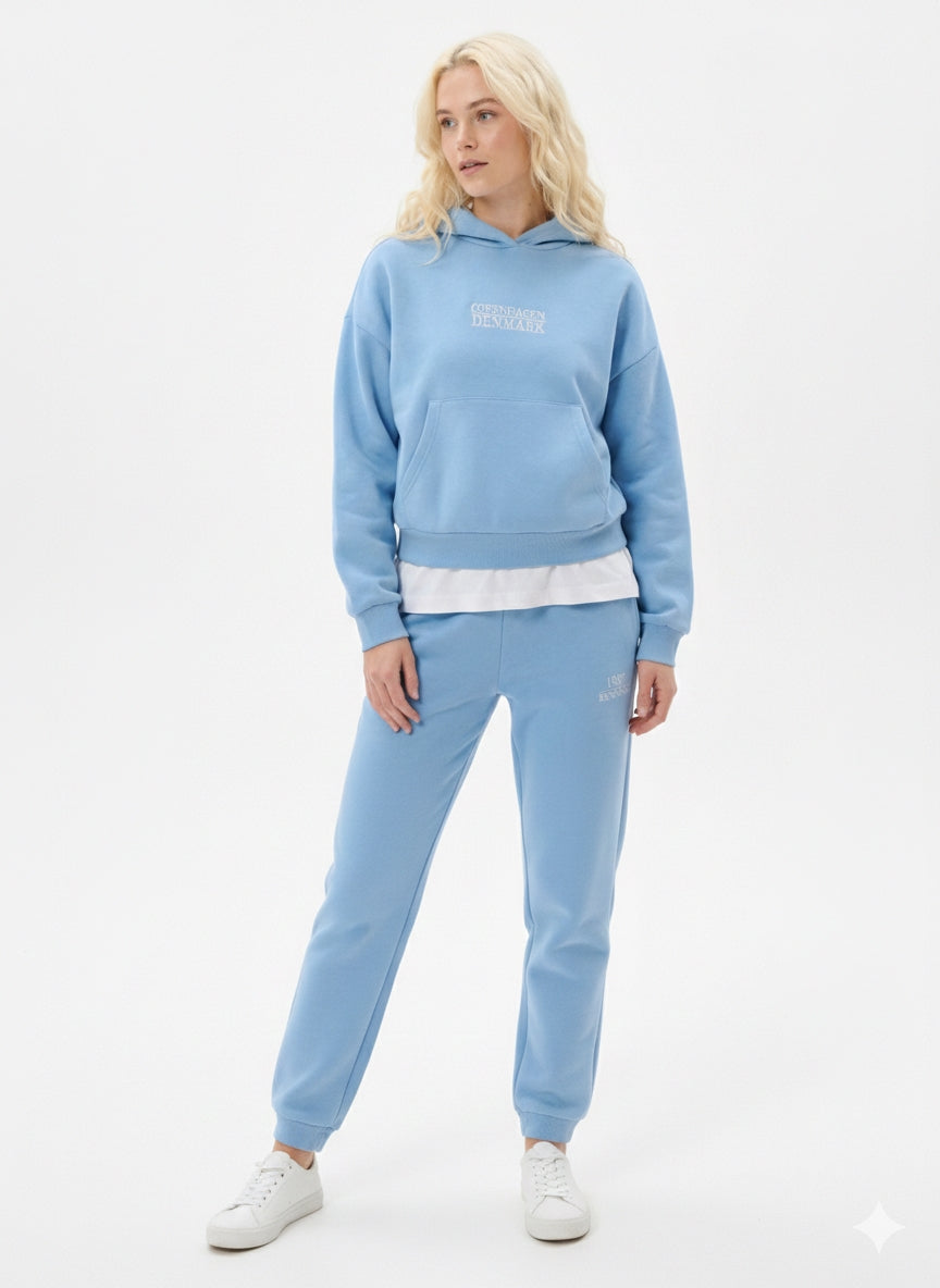 woman ladies blue coord co-ord co cord set embroidery sweatset trakck suit hood set premium fleece