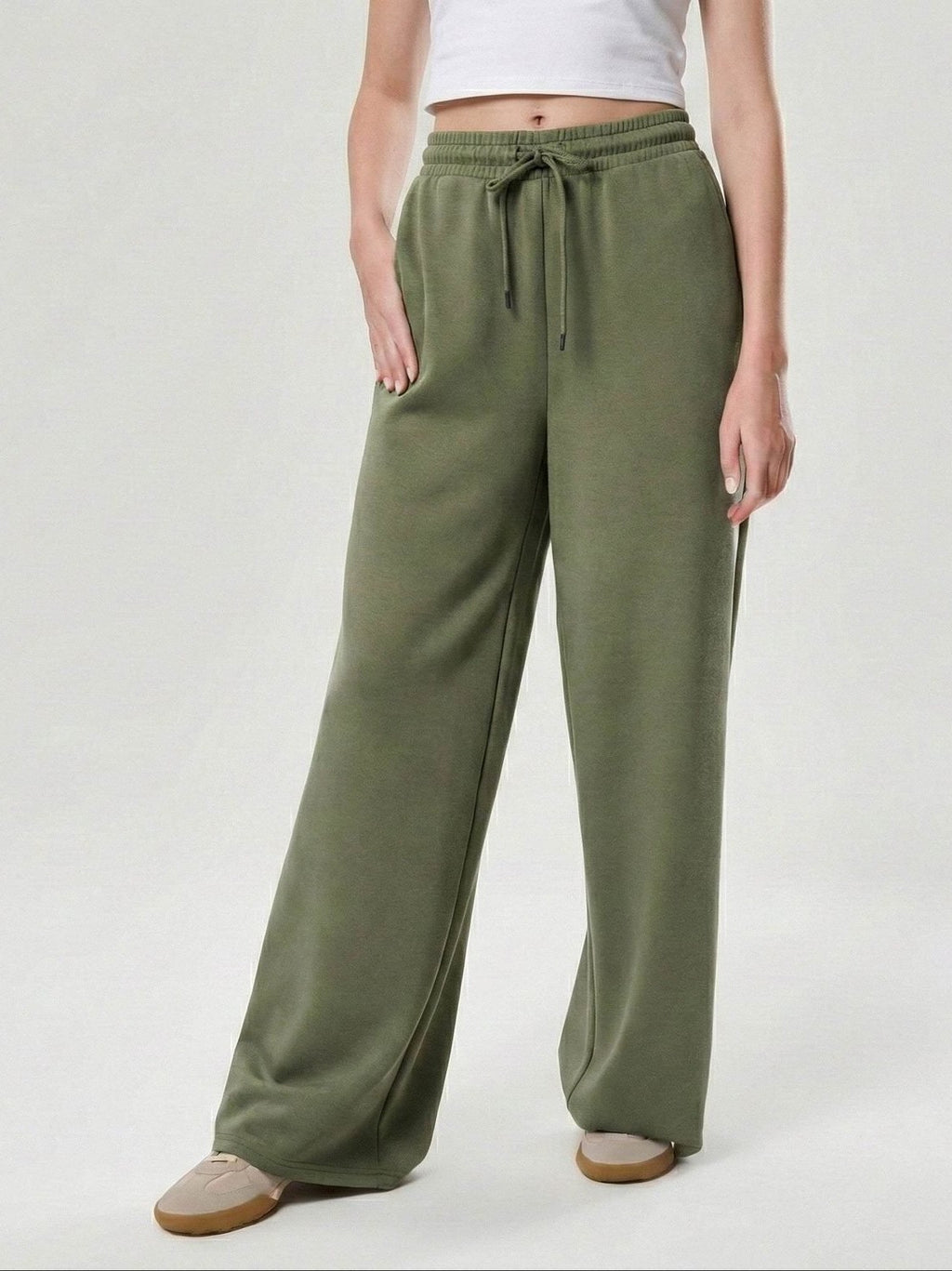 green ladies wide leg fleece trouser chic trendy in fashion in demand