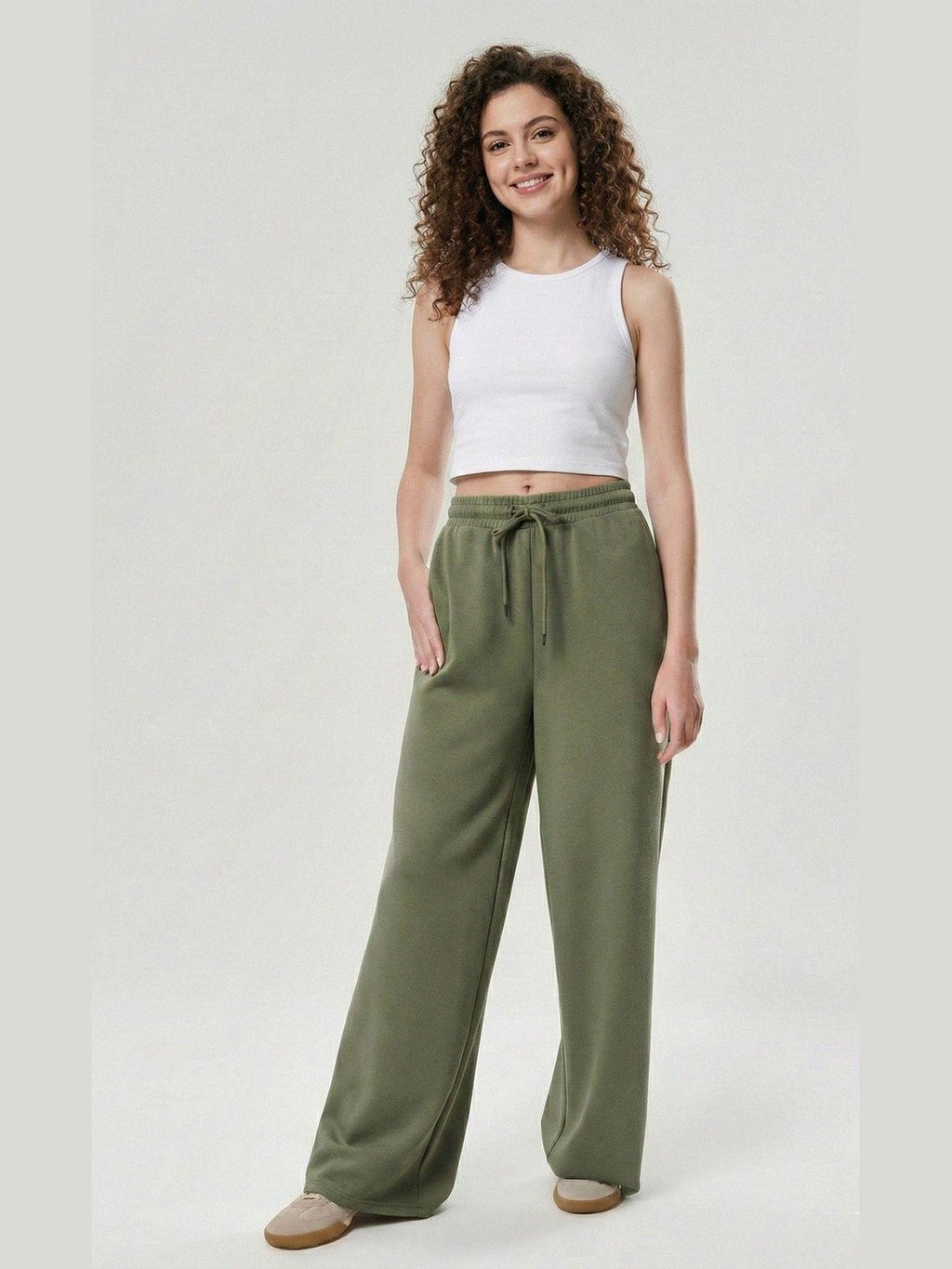 green ladies wide leg fleece trouser chic trendy in fashion in demand