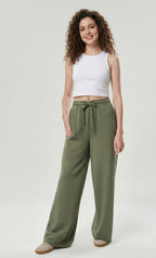 green ladies wide leg fleece trouser chic trendy in fashion in demand