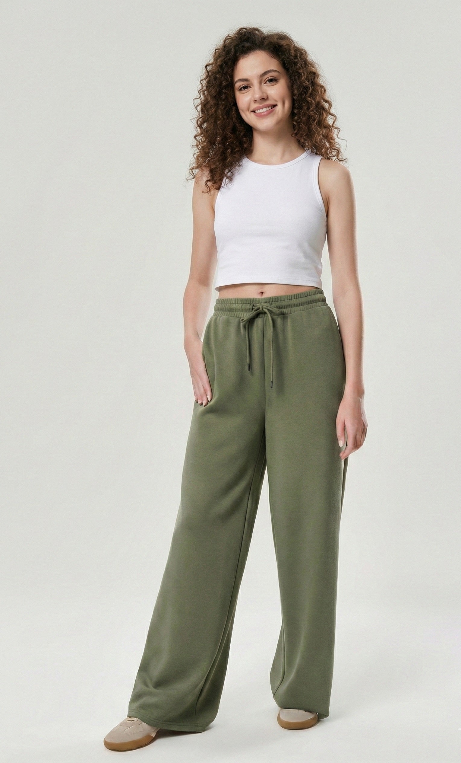 green ladies wide leg fleece trouser chic trendy in fashion in demand