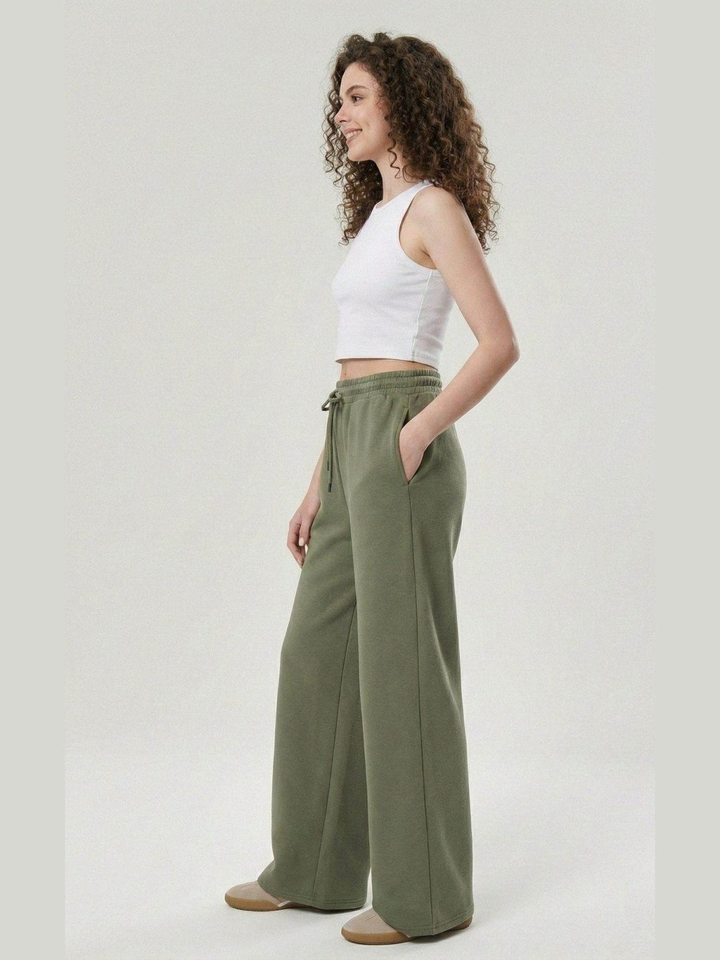 green ladies wide leg fleece trouser chic trendy in fashion in demand