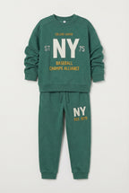 uk kids matching fleece Sweatshirt trouser set green hood black trouser embroidery puff print