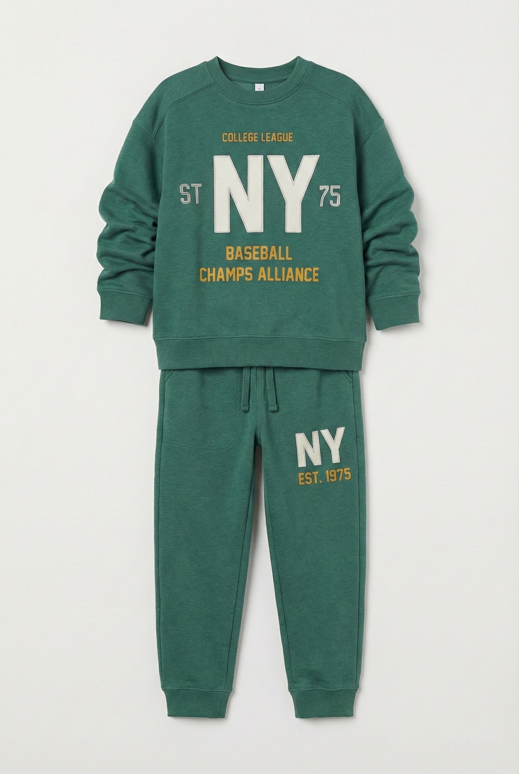 uk kids matching fleece Sweatshirt trouser set green hood black trouser embroidery puff print