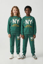 uk kids matching fleece Sweatshirt trouser set green hood black trouser embroidery puff print