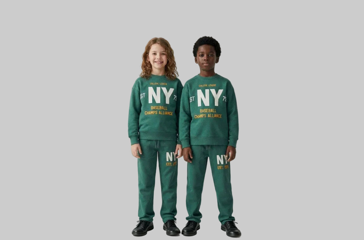 uk kids matching fleece Sweatshirt trouser set green hood black trouser embroidery puff print