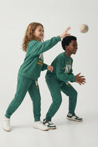 uk kids matching fleece Sweatshirt trouser set green hood black trouser embroidery puff print