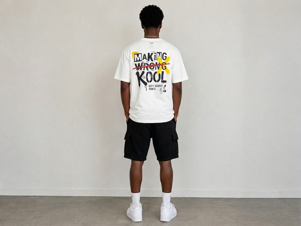 Men's White oversized T-shirt featuring a bold "Making Wrong Kool" graffiti-inspired graphic print on the back with spray paint details.