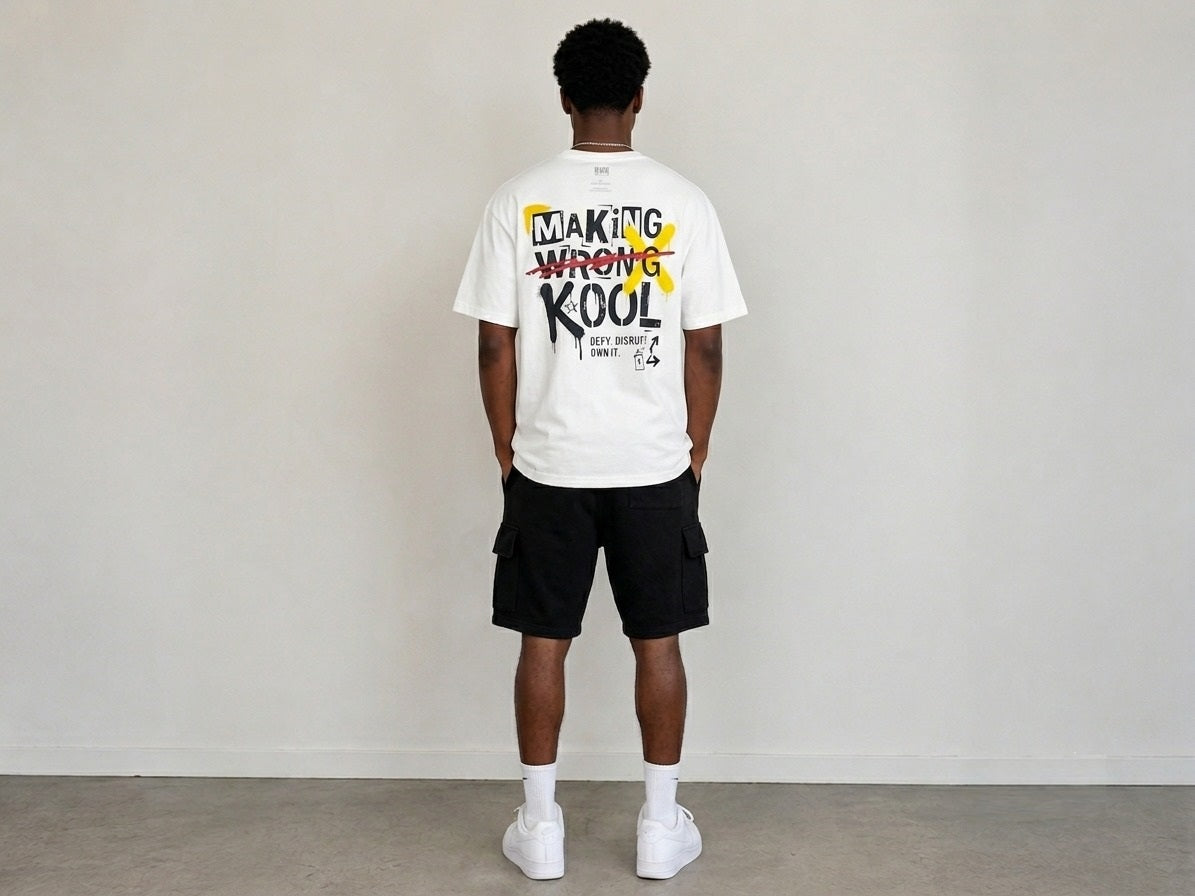 Men's White oversized T-shirt featuring a bold "Making Wrong Kool" graffiti-inspired graphic print on the back with spray paint details.