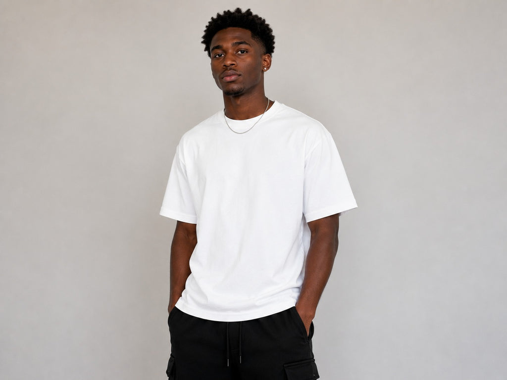 Men's white oversized T-shirt featuring a large NYC script graphic with "City of Endless Energy" text printed on the back.
