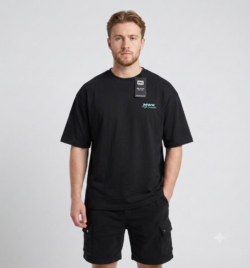 Men's black oversized T-shirt with a retro "Pool Day" graphic and poolside illustration printed on the back. uk