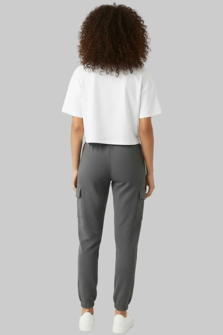 Ladies woman fleece charcoal cargo trouser comfort fit casual trouser cargo poskets premium fleece 