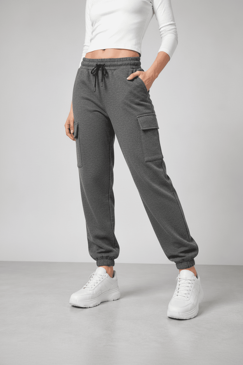 Charcoal dark grey woman fleevmce cargo jogger trouser pant