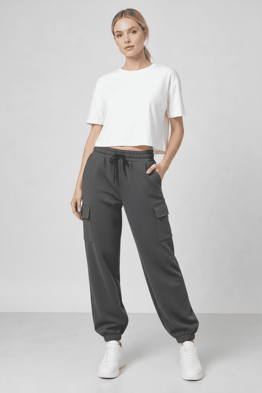 Charcoal dark grey woman fleevmce cargo jogger trouser pant