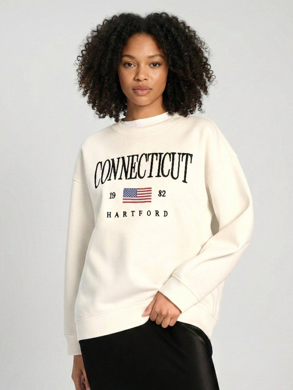 Cream ladies Embroidery Print Fleece Loose Fit Sweatshirt chic trendy in fashion in demand