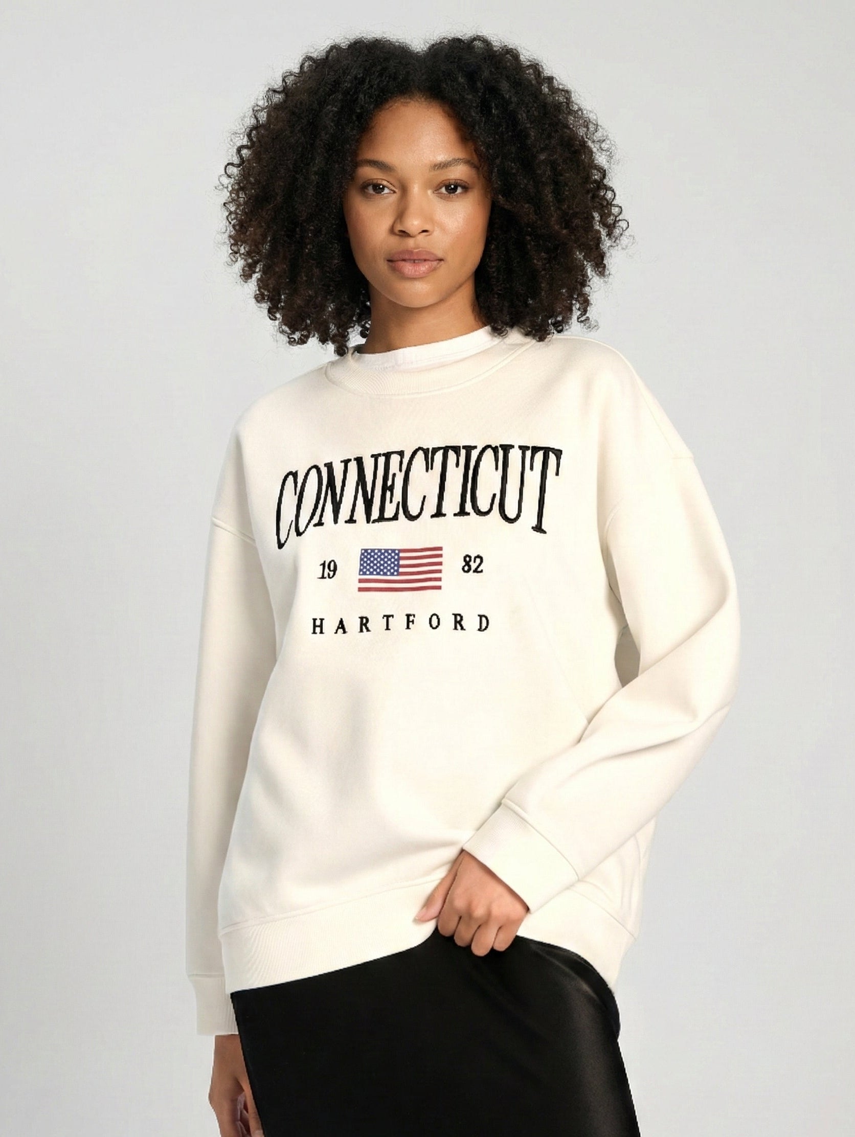 Cream ladies Embroidery Print Fleece Loose Fit Sweatshirt chic trendy in fashion in demand